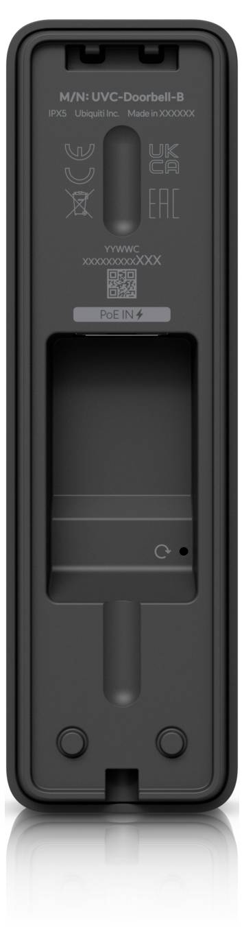 Rückansicht einer schwarzen Videotürklingel-Halterung mit der Bezeichnung "MNUVC-Doorbell-8", die Regulierungszeichen, eine zentrale Öffnung und zwei untere Schrauben oder Tasten zeigt.