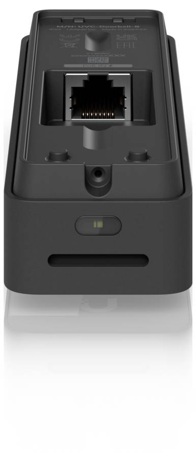 Schwarzes elektronisches Gerät mit einem zentralen Ethernet-Anschluss und Statusanzeige, Vorderansicht auf weißem Hintergrund.