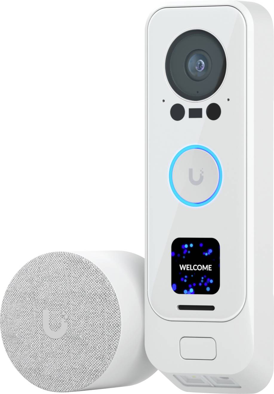 Weiße intelligente Türklingel-Kamera mit großem Objektiv, leuchtender Ringschaltfläche, kleinem Display mit der Aufschrift „WILLKOMMEN