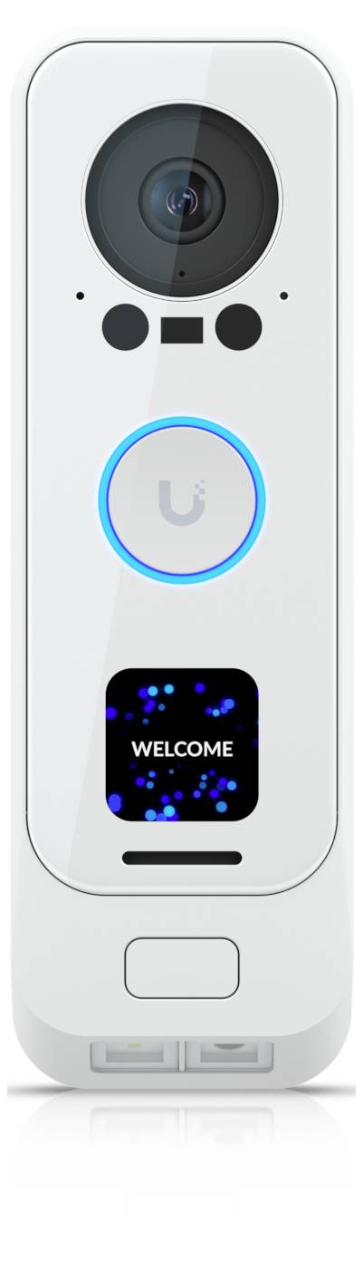 Ein weißes intelligentes Türsprechanlage-Panel mit Kamera, beleuchtetem Ringknopf, Willkommensanzeige, Lautsprechergitter und zwei Anschlüssen am unteren Ende.