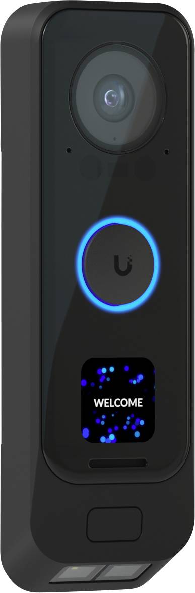 Vertikale schwarze intelligente Türklingel mit Kameraobjektiv, blau beleuchteter Ringschaltfläche und kleinem Bildschirm mit der Anzeige „WILLKOMMEN