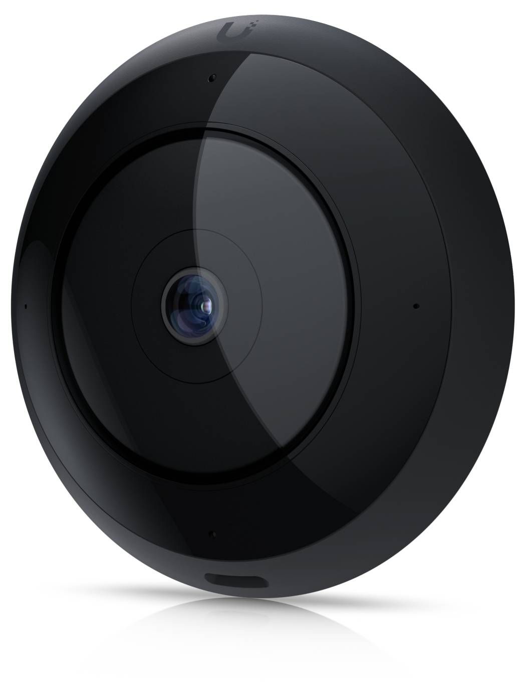 Schwarze runde Sicherheitskamera oder Smart-Home-Kamera-Linse auf weißem Hintergrund, von vorne gezeigt.