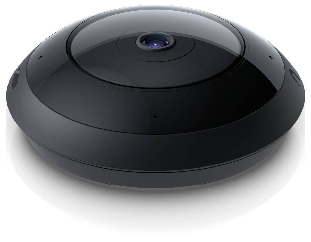 Schwarze kugelförmige 360-Grad-Kamera mit einer einzelnen Linse in der Mitte oben, auf weißem Hintergrund dargestellt.