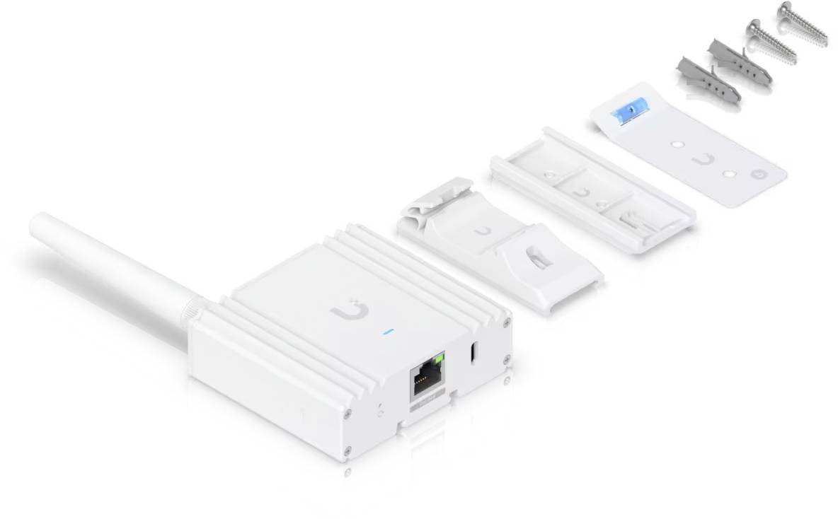 Explodierte Ansicht eines weißen drahtlosen Netzwerkgeräts mit abnehmbaren Teilen, das das Gehäuse, Anschlüsse, interne Komponenten und Montagehardware zeigt.
