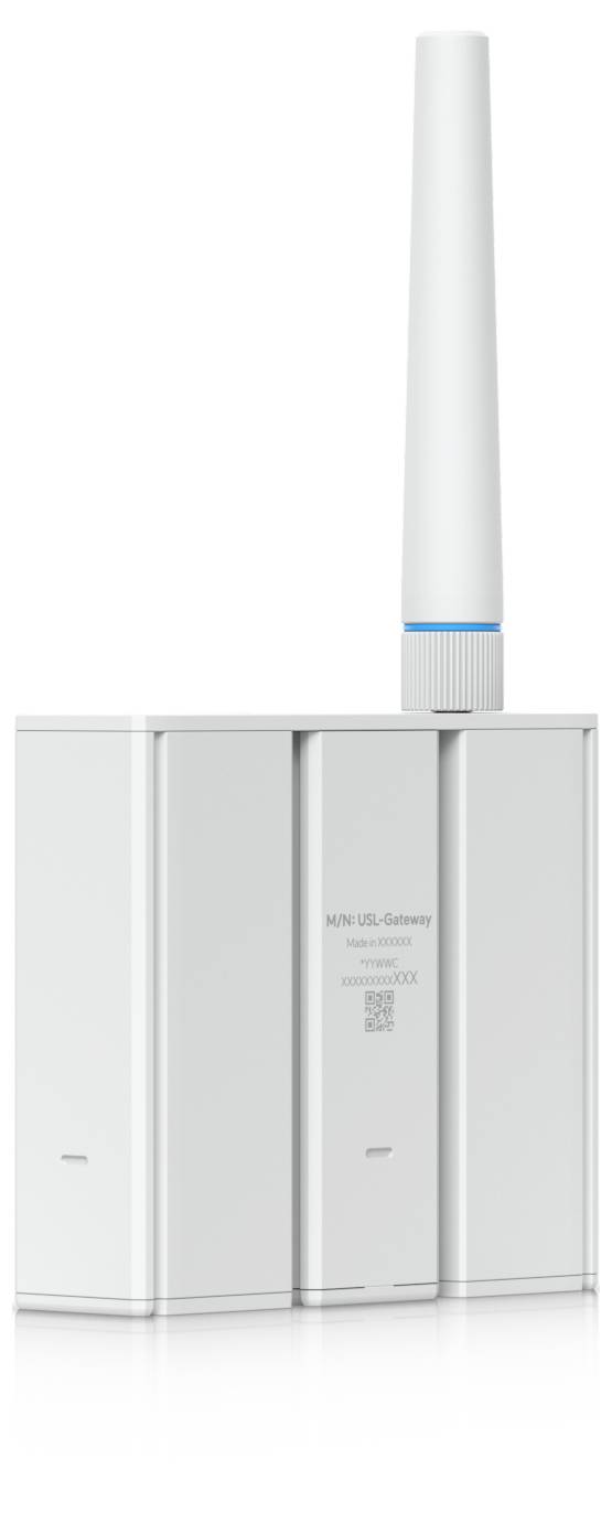 Weißes wandmontiertes Mobilfunk-Gateway mit hoher Antenne und dreiflächiger Basiseinheit, gezeigt auf einfachem weißem Hintergrund.