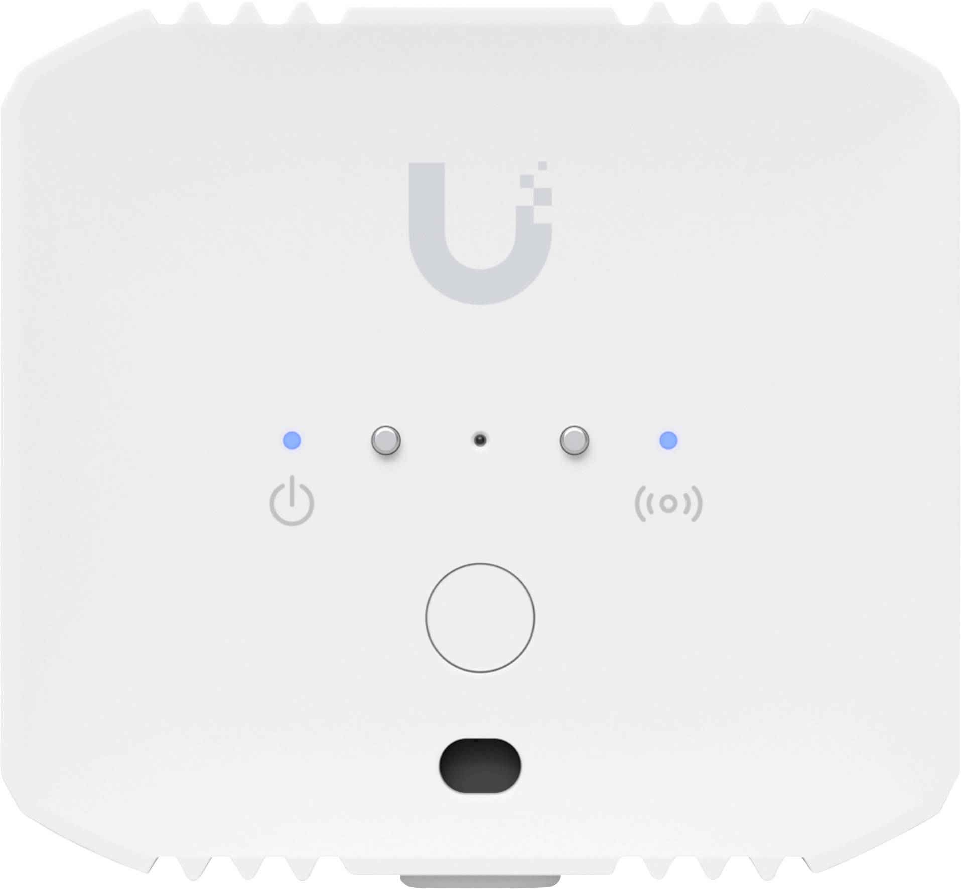 Weißer Ubiquiti WLAN-Zugangspunkt mit blauen Statusleuchten und LED-Indikatoren an der Vorderseite.