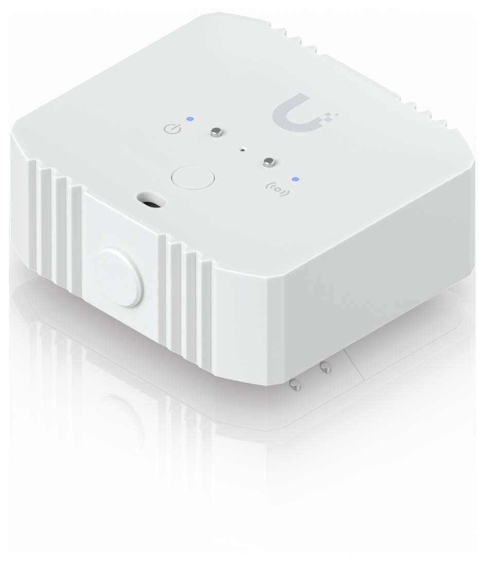 Weißes quadratisches drahtloses intelligentes Sensoren- oder Hub-Gerät mit LED-Indikatoren und kleinen Anschlüssen, dargestellt in einer produktstilisierten Render-Grafik auf weißem Hintergrund.