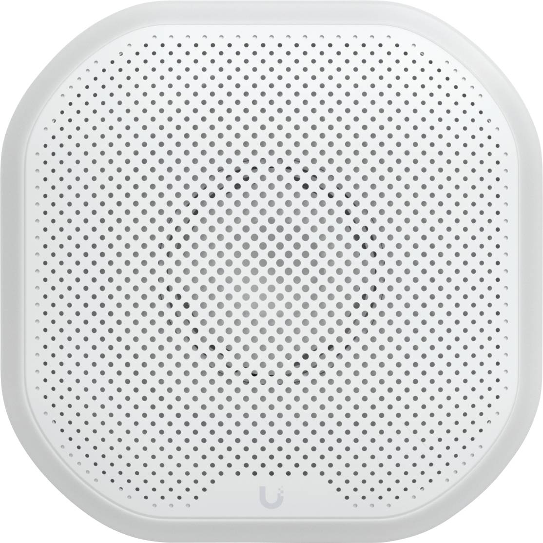 Weißer perforierter quadratischer Lautsprecher oder Smart-Home-Gerät mit abgerundeten Ecken und subtlem Logo unten.