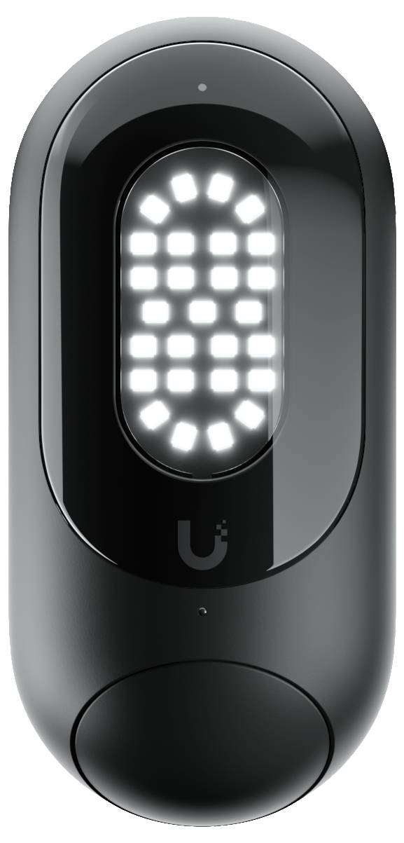 Schwarzes ovales U-förmiges Gerät mit einem leuchtenden weißen LED-Gitter auf der Vorderseite, vor einem weißen Hintergrund dargestellt.