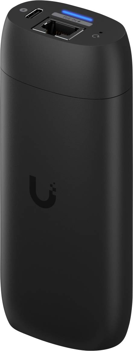 Schwarzes zylindrisches Ubiquiti-Gerät mit einem Ethernet-Anschluss und blauem Statuslicht oben.