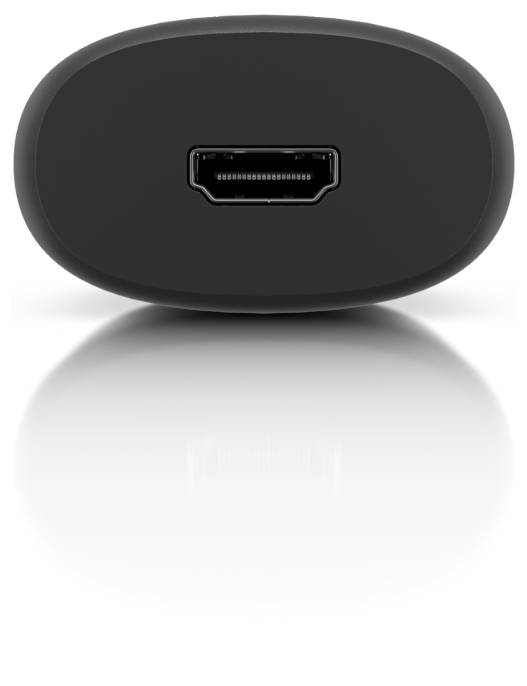 Nahaufnahme eines schwarzen Geräteendes mit einem einzelnen HDMI-Anschluss auf einfachem weißem Hintergrund.