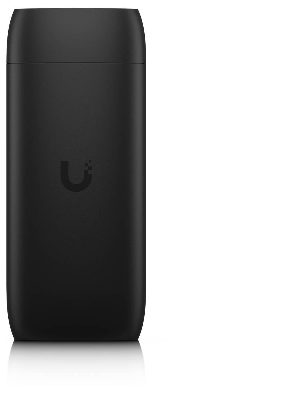 Schwarze zylindrische isolierte Flasche mit matter Oberfläche und subtlem Logo auf weißem Hintergrund