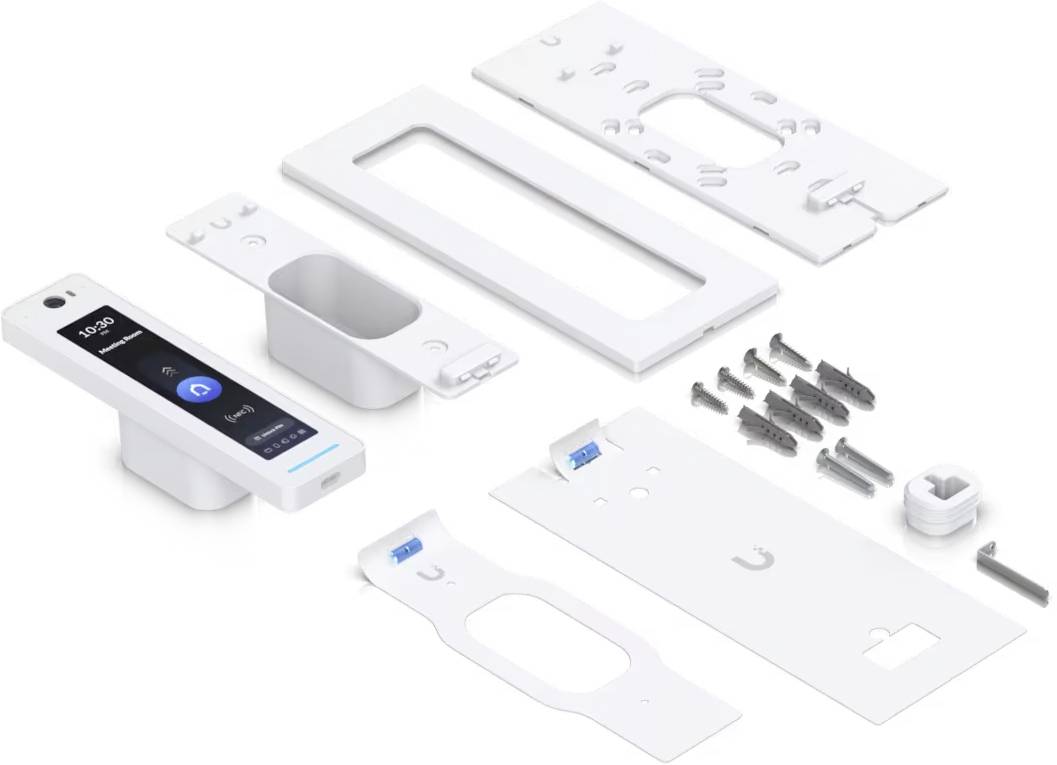 Explosionszeichnung eines weißen Smartphone-Geräte-Sets mit einer kleinen Touchscreen-Einheit, mehreren Kunststoffpaneelen, Halterungen, Schrauben und Montageteilen, die zum Zusammenbau angeordnet sind.