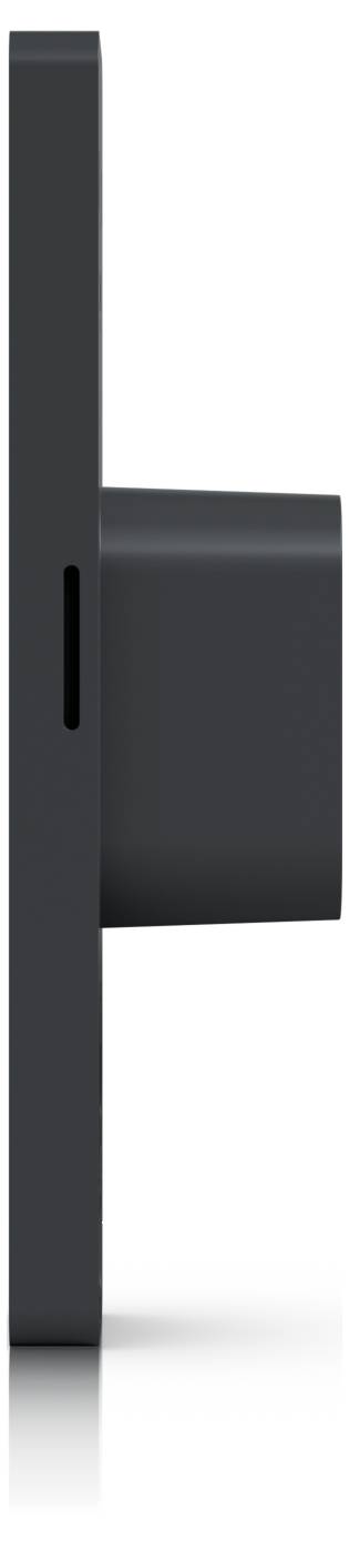 Seitenansicht eines dunkelgrauen wandmontierten Geräts mit einem vertikalen Frontpanel und einem rechteckigen vorspringenden Gehäuse.