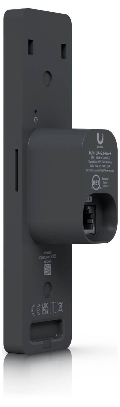 Rückansicht eines schwarzen, wandmontierten Ubiquiti-Geräts mit Ethernet-Anschluss und Montageschlitzen.