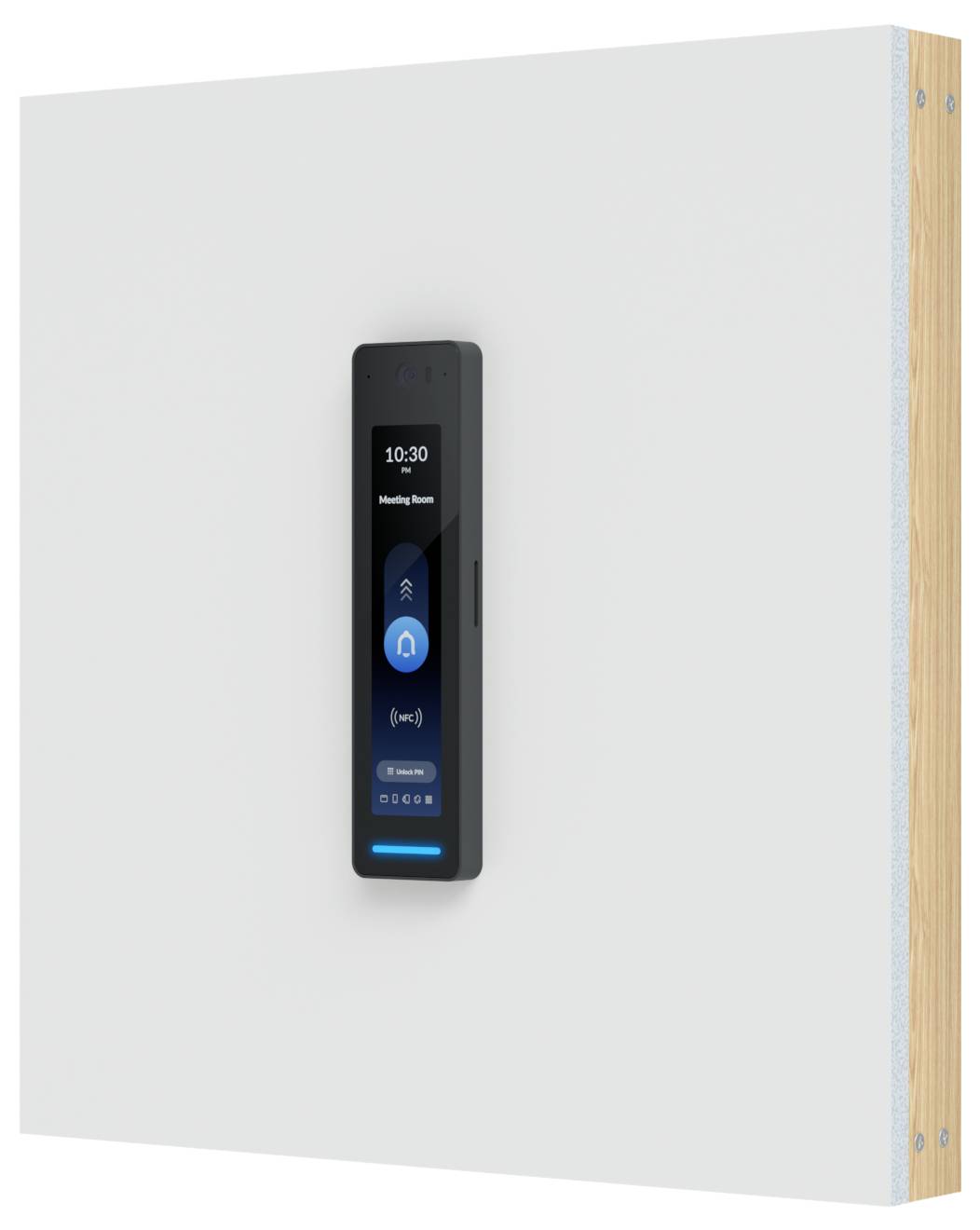 An der Wand montierter schwarzer Touchscreen-Raumcontroller auf einem weißen Bedienfeld, der 10:30 und „Meeting Room