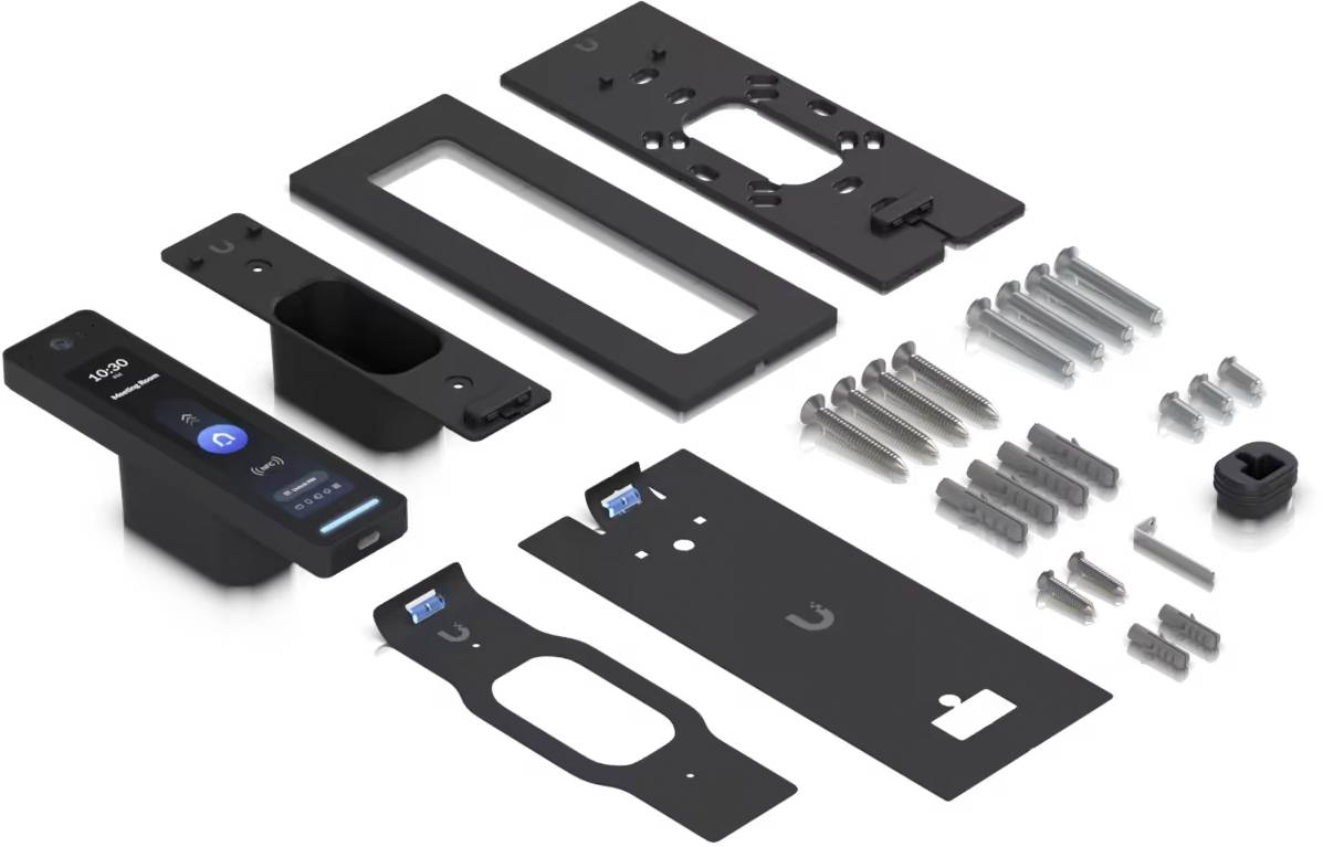 Explosionszeichnung eines Smart-Lock-Sets mit schwarzen Montagplatten, Schlosszylinder und verschiedenen separat auf weißem Hintergrund angeordneten Schrauben und Bolzen.