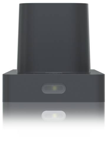 Schwarzes rechteckiges elektronisches Gerät mit zwei kleinen Anzeigelichtern auf der Vorderseite, gezeigt vor weißem Hintergrund.
