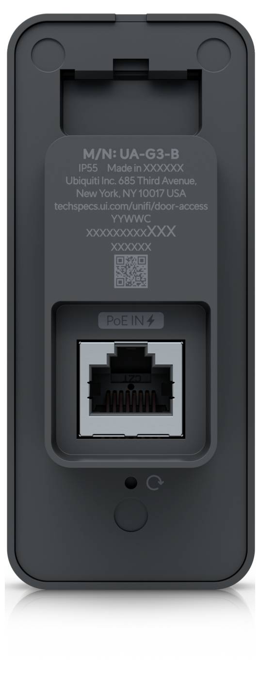 Rückansicht eines grauen Ubiquiti UniFi Access Points mit Montagebereich, Produktetikett, QR-Code und Ethernet-Anschluss mit der Beschriftung „PoE IN