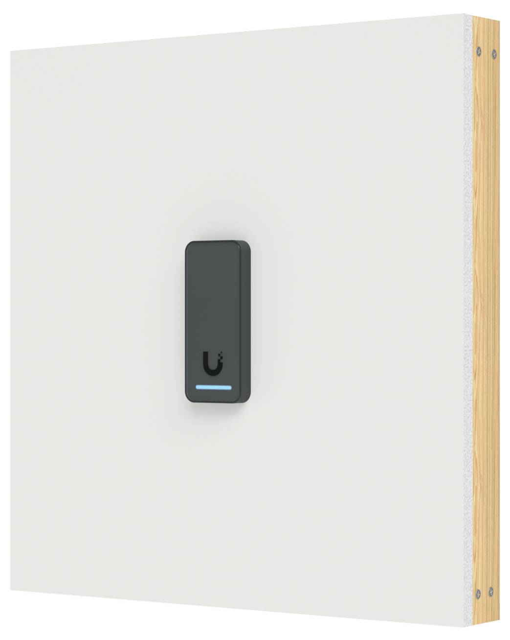 Weiße wandmontierte Paneele mit einer kleinen schwarzen rechteckigen Touchsteuerung in der Nähe der Mitte und holzverkleideter Kante auf der rechten Seite.
