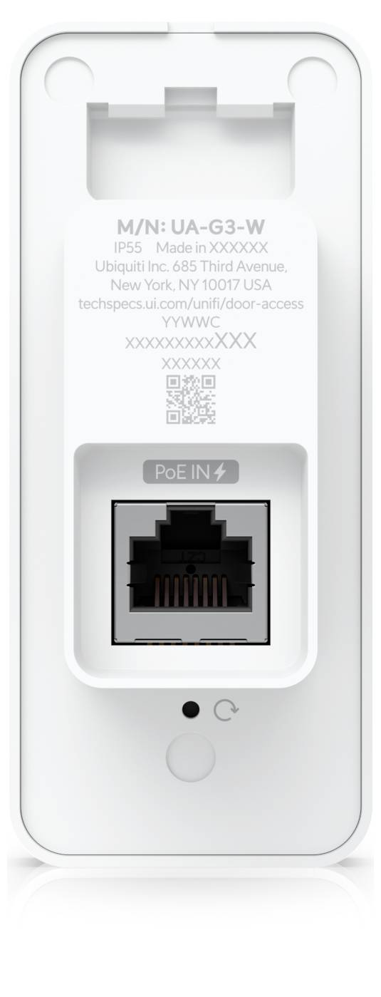 Weißes wandmontiertes Netzwerkgerät mit Ethernet-Anschluss, QR-Code und gedrucktem Modelltext „UA-G3-W