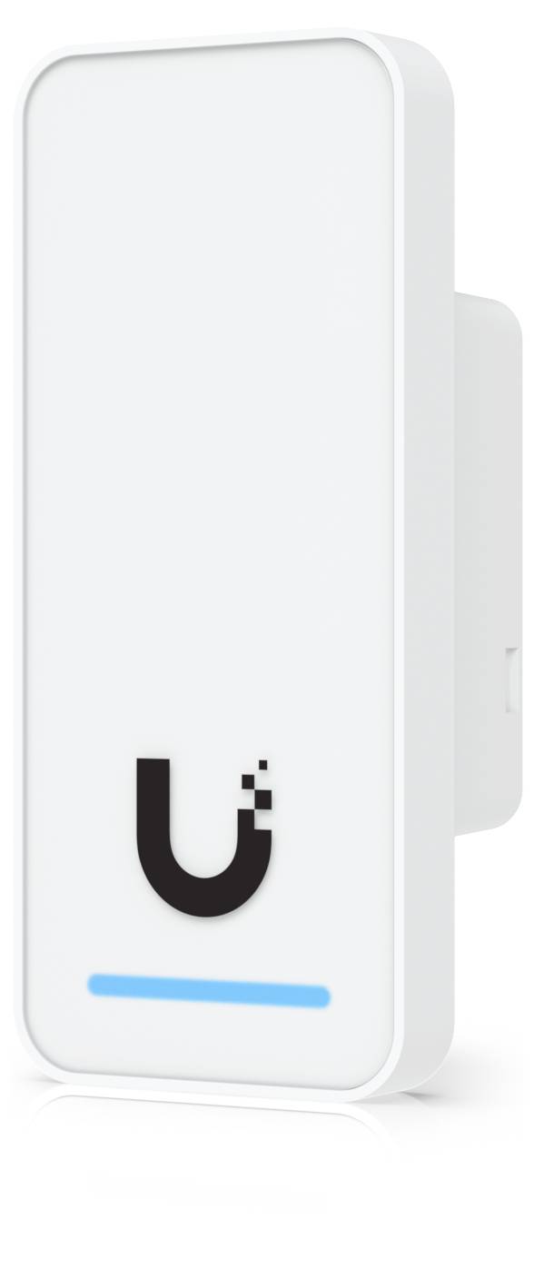 Weißes Ubiquiti-ähnliches Wandgerät mit schwarzem „U
