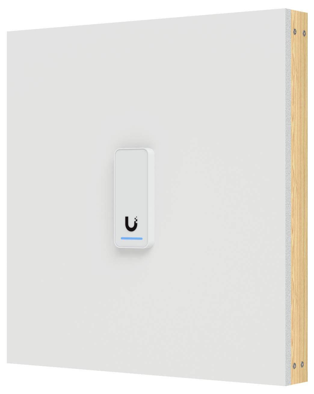 Minimales, weiß an der Wand montiertes Gerät mit einem U-förmigen Symbol und blauem Anzeigelicht, gezeigt gegen ein einfaches weißes Panel mit Holzseiteneinfassung.
