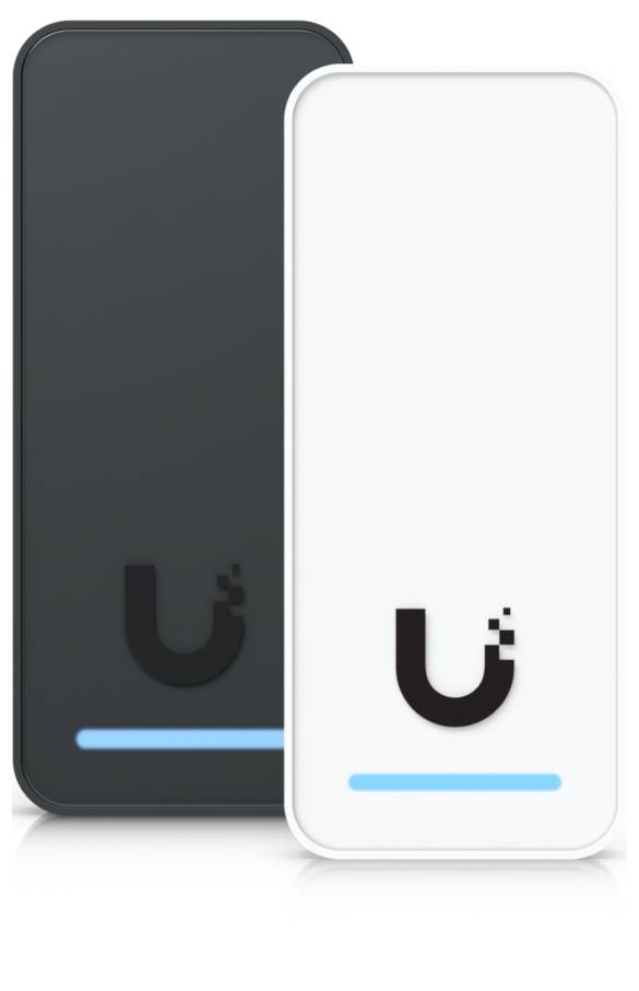 Zwei elegante rechteckige Smartphones, eines dunkelgrau und eines weiß, nebeneinander abgebildet mit minimalem Logo und blauem Akzentbalken in der Nähe des unteren Randes.