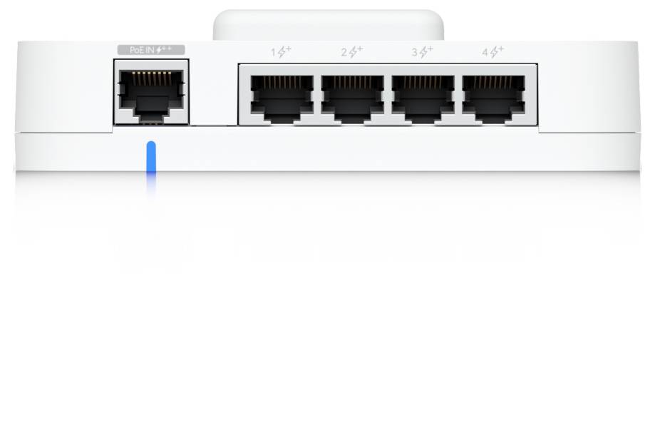 Rückansicht eines weißen Routers oder Switches mit fünf Ethernet-Anschlüssen, gekennzeichnet mit „PoE IN