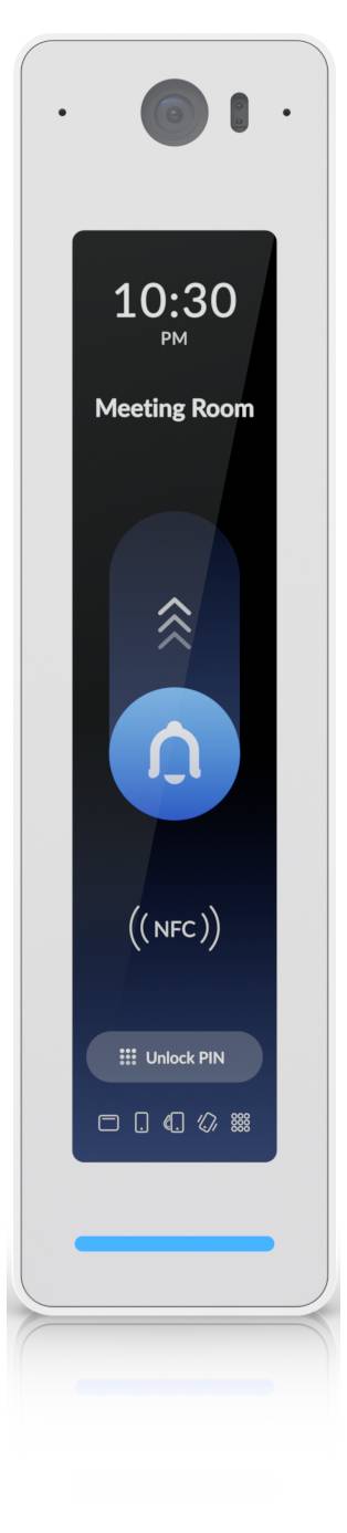 Touchscreen-Türzugriffsgerät mit Anzeige von 10:30, Besprechungsraum, NFC und einer Schaltfläche „PIN entsperren