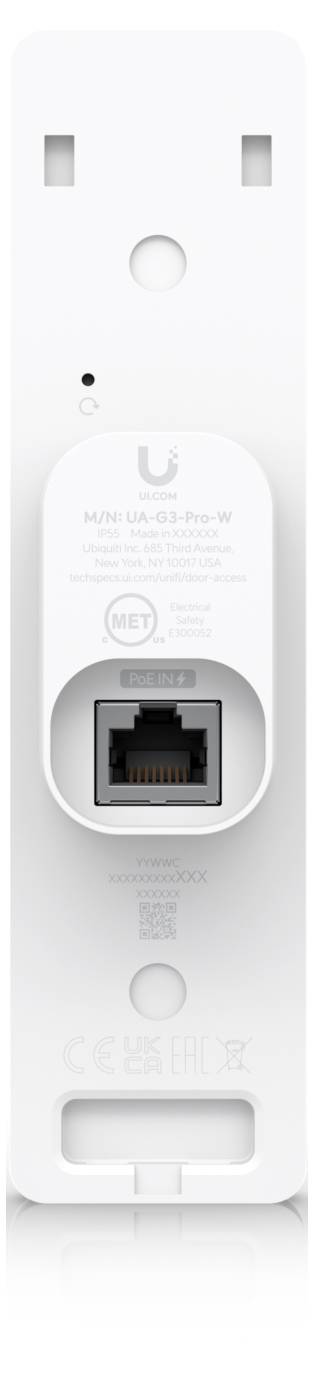 Rückansicht eines weißen WLAN-Verstärkers mit zwei Stiften, LED-Loch, Zurücksetzen-Taste und Ethernet-Anschluss unten.
