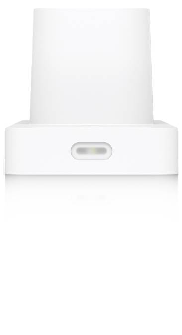 Weißer Ladegerät-Adapter mit einem einzigen USB-C-Anschluss in der Mitte der Vorderseite.
