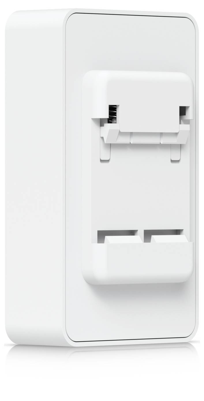 Weiße wandmontierte Abdeckung für Dual-Ethernet-Netzwerkdose mit zwei übereinander angeordneten Anschlussöffnungen.