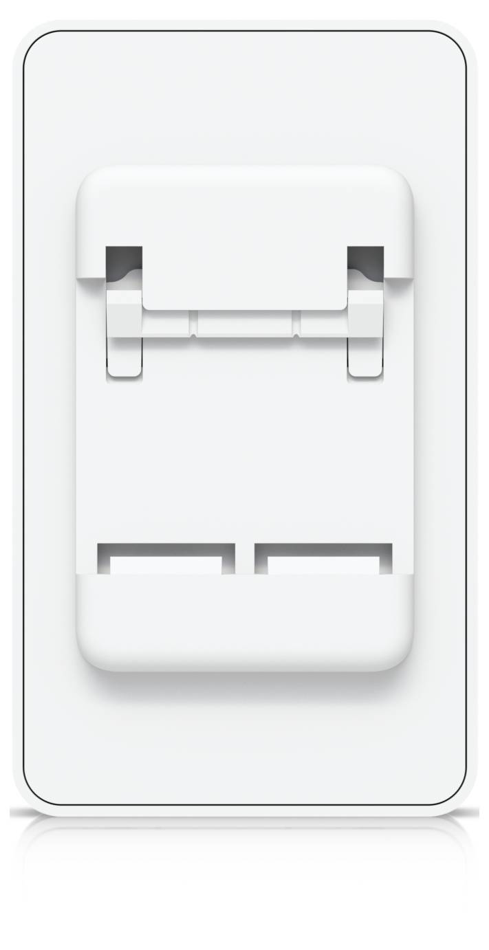 Weiße Wandplatte mit ausgeklapptem Verbindungspanel, das zwei netzwerkstecker im RJ45-Stil und eine Scharnierblende zeigt.