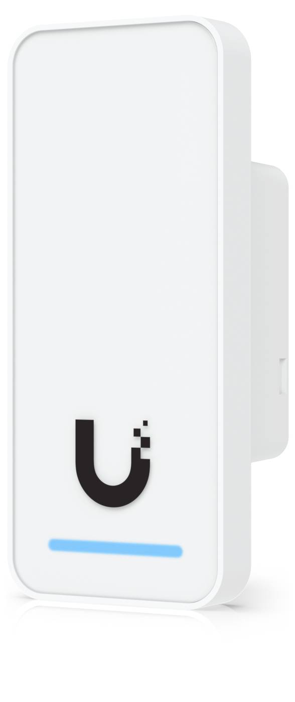 Weiße, an Ubiquiti erinnernde wandmontierte kabellose Zugriffspunkt mit U-Logo und blauem Statuslicht