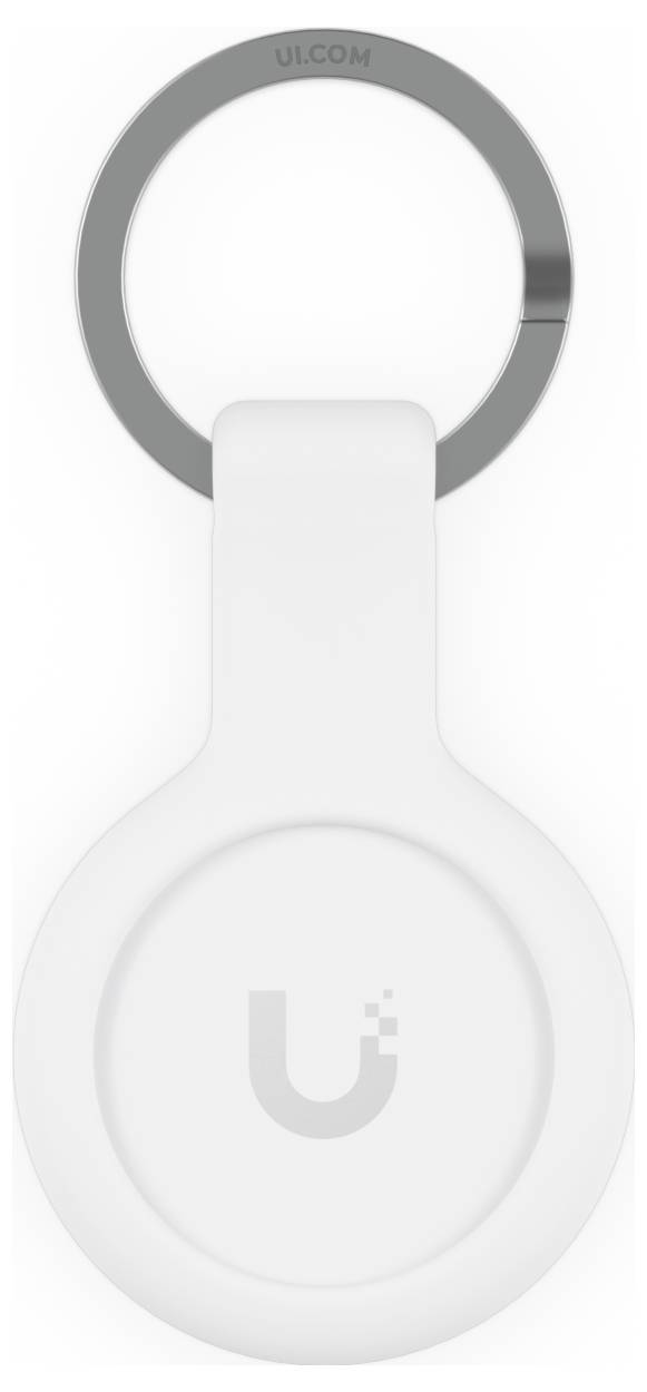 Weißes Gerät im Ubiquiti-Stil mit grauem Ring oben, frontal vor einem einfachen hellen Hintergrund gezeigt.