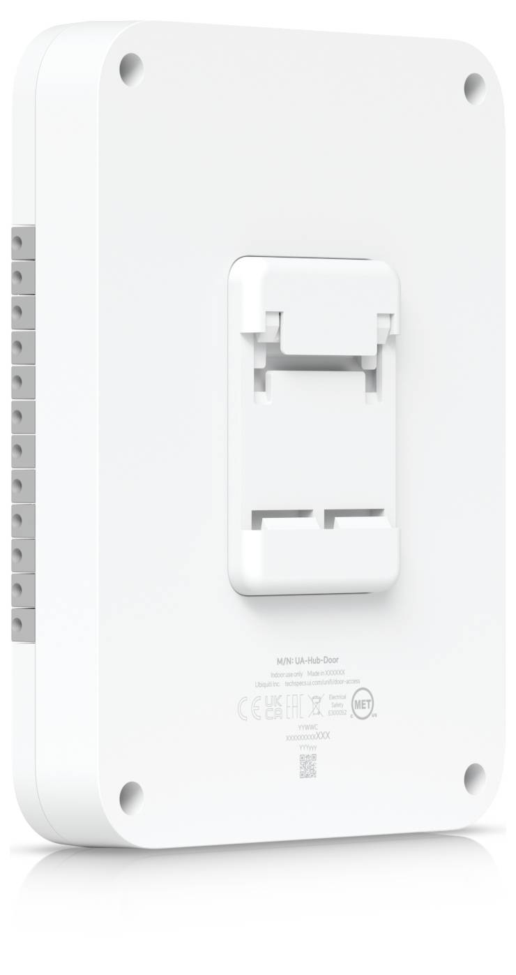 Weiße, an der Wand montierte Wi‑Fi-Zugangspunkt mit zentraler Halterung und vier Schraubenlöchern in den Ecken, von hinten auf einfachem Hintergrund gezeigt.