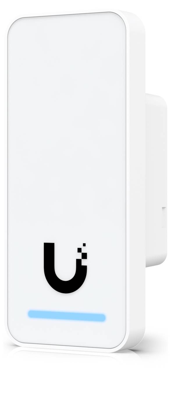 Weißes Wandgerät im Ubiquiti-Stil mit abgerundeten Ecken, schwarzem „U"-Logo und einer blauen Statuslicht-Leiste an der Vorderseite.