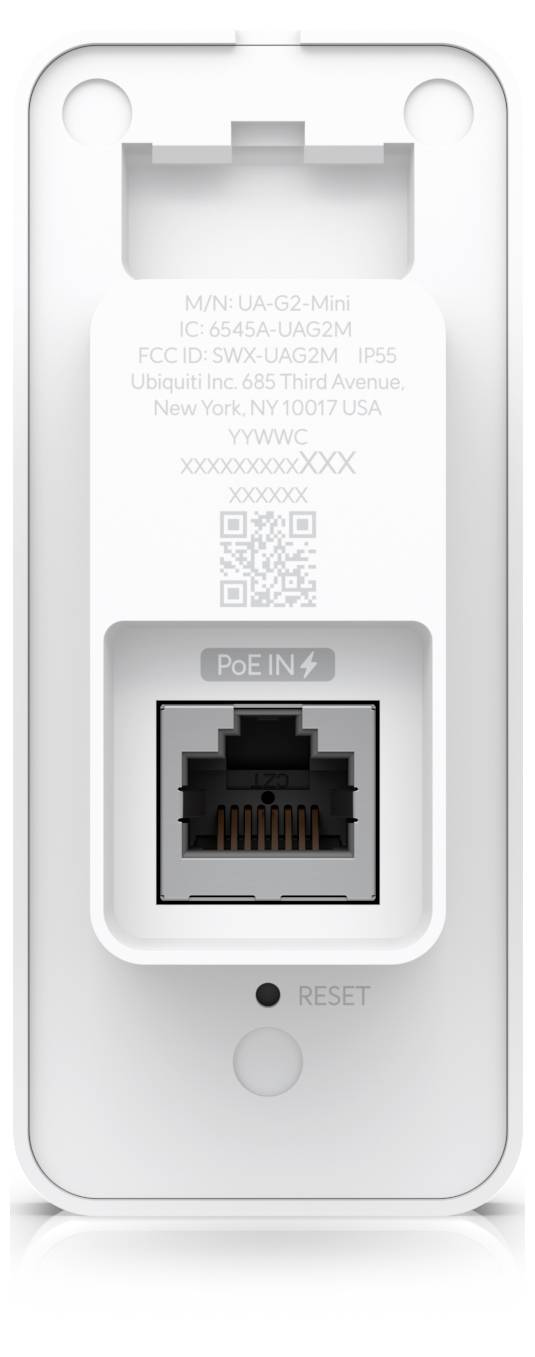Wandmontiertes weißes Netzwerkgerät mit PoE+-Ethernet-Anschluss, QR-Code und "RESET"-Taste, wahrscheinlich ein UBX-65A-Zugriffspunkt oder Media-Konnektor.