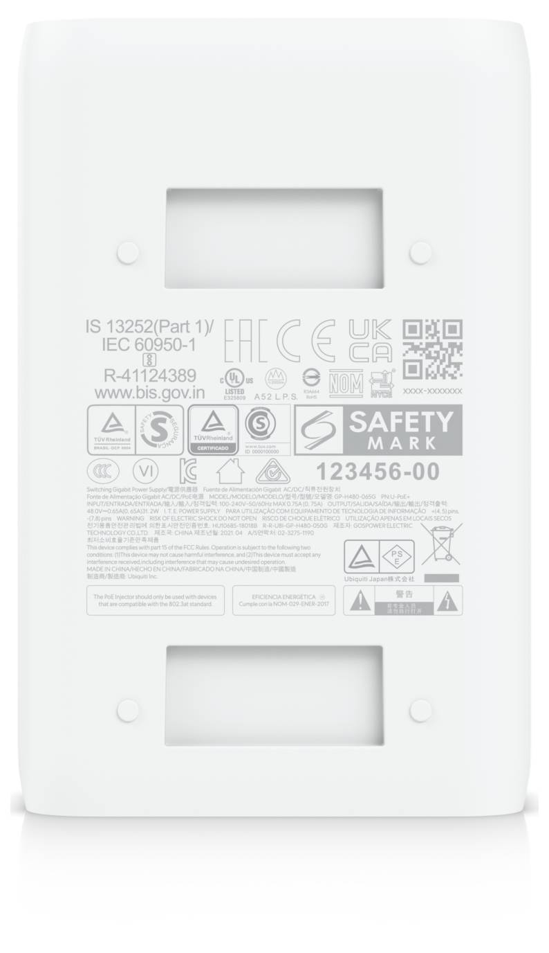 Rückseite eines weißen Sicherheitsgeräts mit zwei rechteckigen Öffnungen und gedruckten Zertifizierungsetiketten, einschließlich „SAFETY MARK