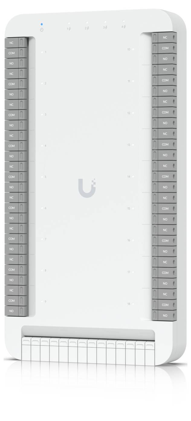 Weißes rechteckiges Gerät mit zwei vertikalen grauen Knopfsäulen an den Seiten und einem Tastatur-ähnlichen Bereich unten, ähnlich einem kompakten Controller oder Schalttafel.