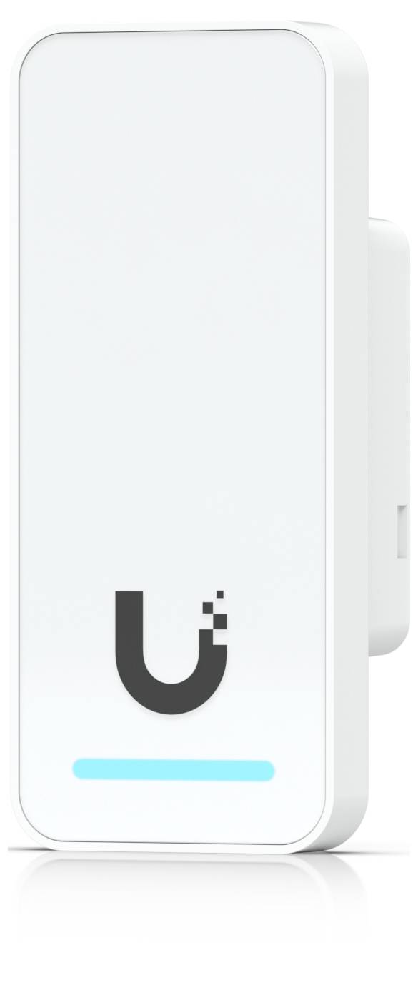 Weißes rechteckiges Ubiquiti-Netzwerkgerät mit kleinem U-Logo und cyan-farbener Statusleuchte.
