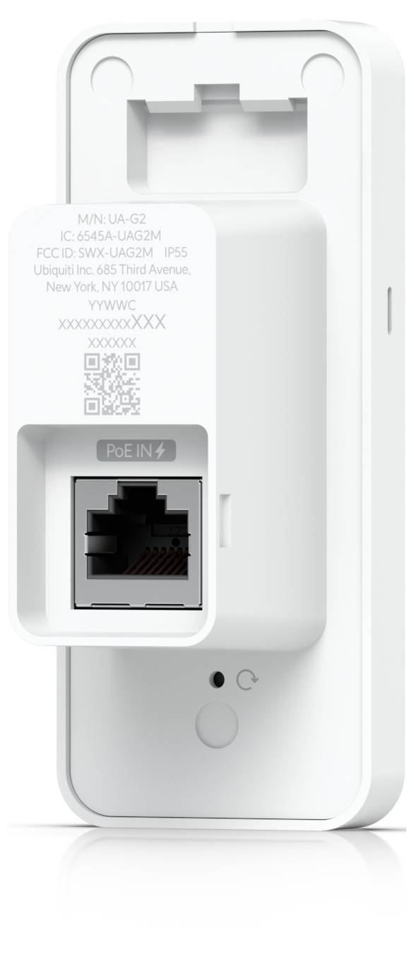 Weißes wandmontiertes Netzwerkgerät mit einem einzelnen Ethernet-Anschluss und PoE IN-Beschriftung, Frontansicht auf einfachem Hintergrund dargestellt.