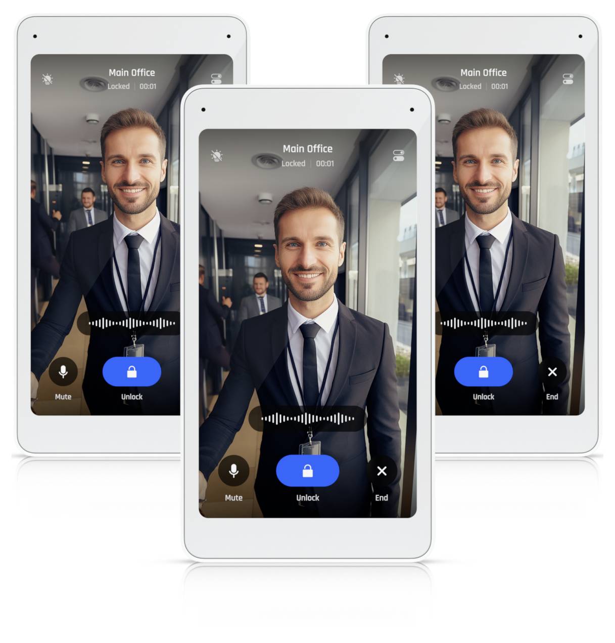 Drei Smartphones zeigen einen Videoanruf zum "Hauptbüro" mit einem Mann im Anzug; der Bildschirm enthält Steuerelemente zum Stummschalten, Entsperren und Beenden des Anrufs.