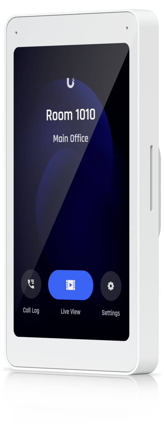 Wandmontiertes Touchscreen-Gegensprechanlage-Display zeigt "Zimmer 1010" und "Hauptbüro", mit Schaltflächen für Anrufliste, Live-Ansicht und Einstellungen.
