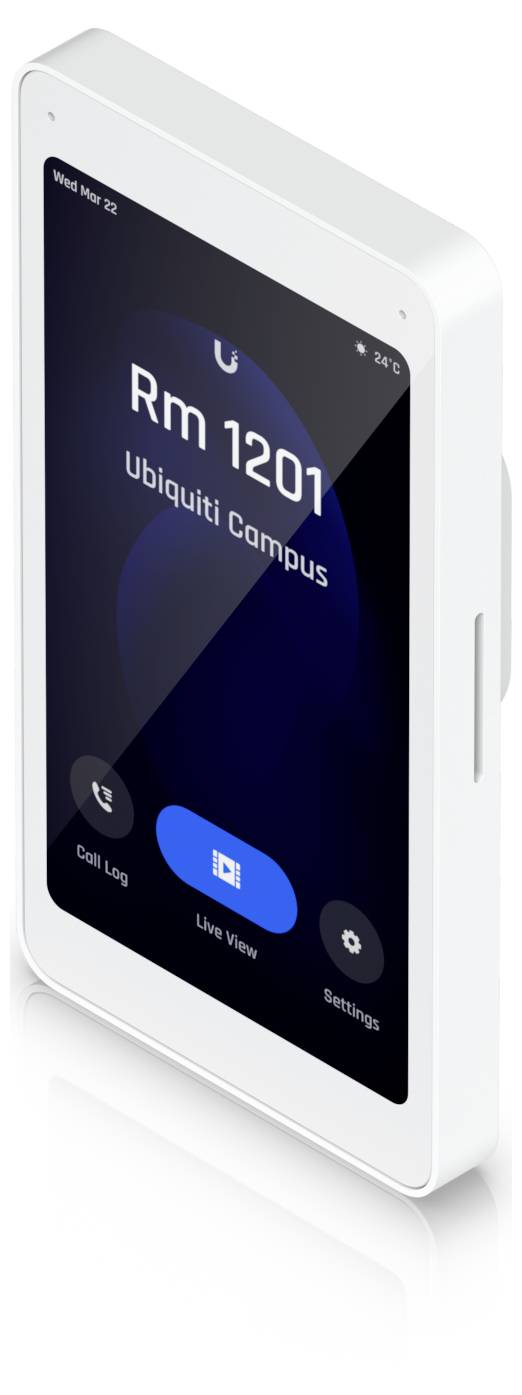 Ein an der Wand montierter Touchscreen-Videosprechanlage zeigt „Rm 1201" und „Ubiquiti Campus" an, mit Anruf-, Live-Ansicht- und Einstellungsschaltflächen.