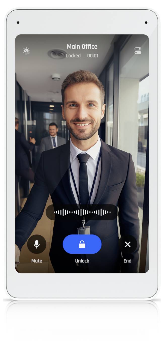 Smartphone-Sicherheitszugriffsbildschirm mit einem lächelnden Mann an der Tür mit der Bezeichnung "Hauptbüro", markiert als "Gesperrt" mit Anrufsteuerungen zum Stummschalten, Entsperren oder Beenden.