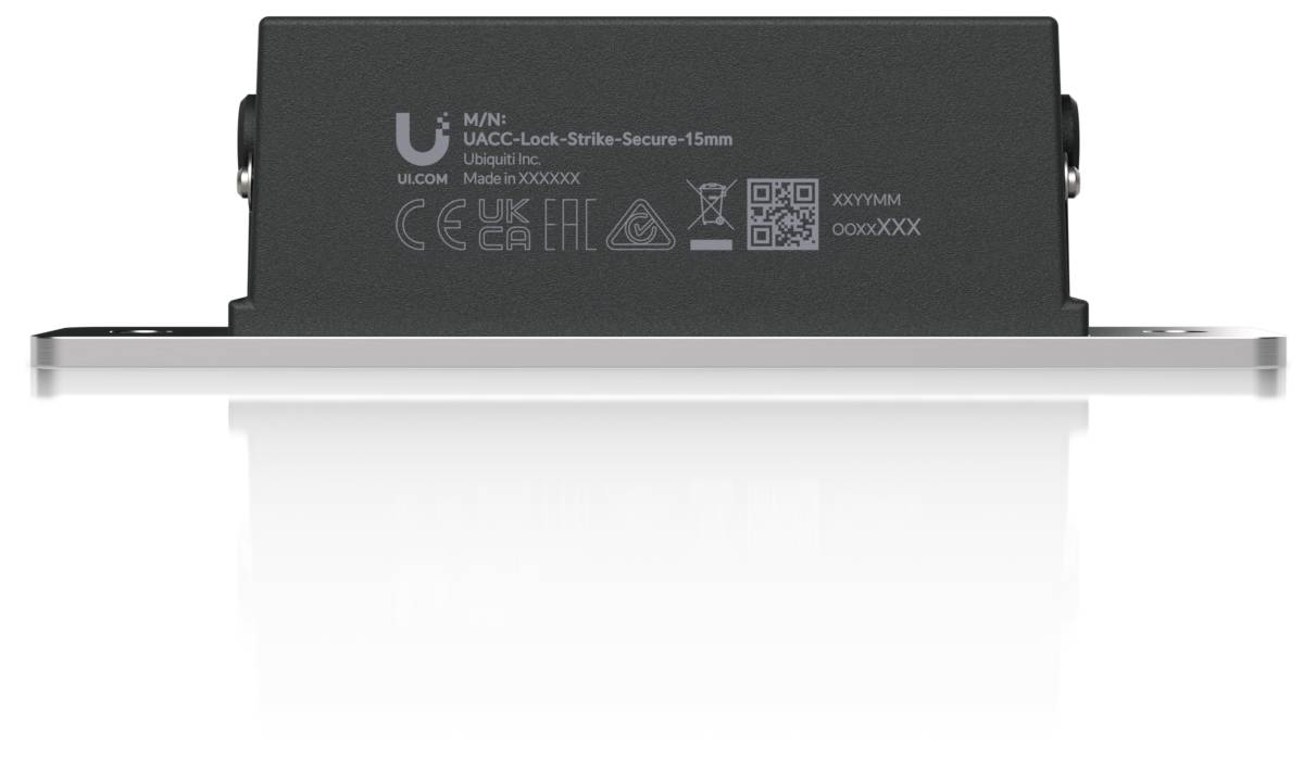 Schwarzes UMAC UACC-Lock-Strike-Secure-15mm Sperrmodul, montiert auf einer Metallhalterung, gezeigt in Produktansicht mit Zertifizierungsmarkierungen.