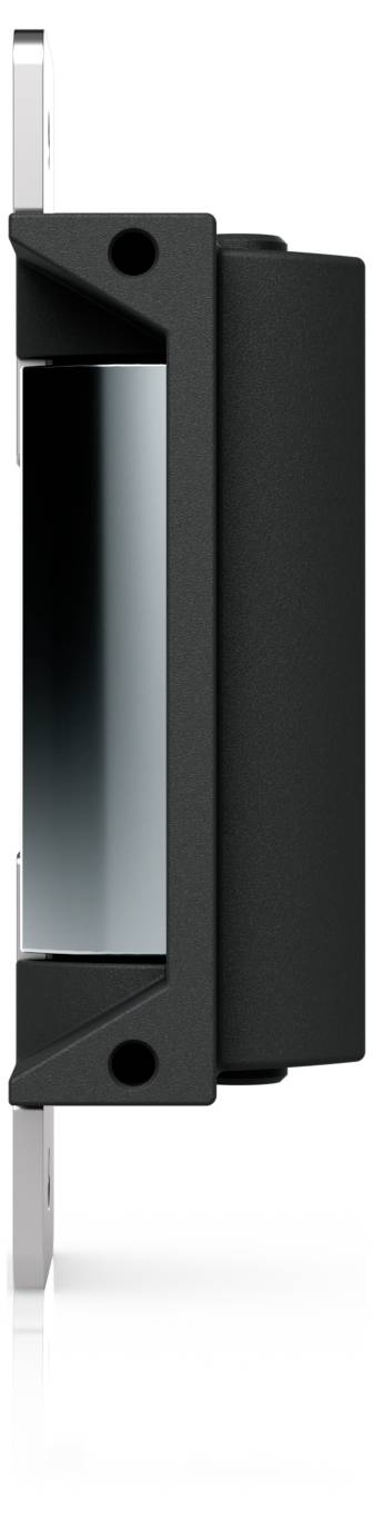 Nahaufnahme Seitenansicht eines schwarzen rechteckigen elektronischen Moduls oder Sensors, der auf einer silbernen Halterung montiert ist, mit einer dunklen vorderen Öffnung und zwei sichtbaren Schraubenlöchern.