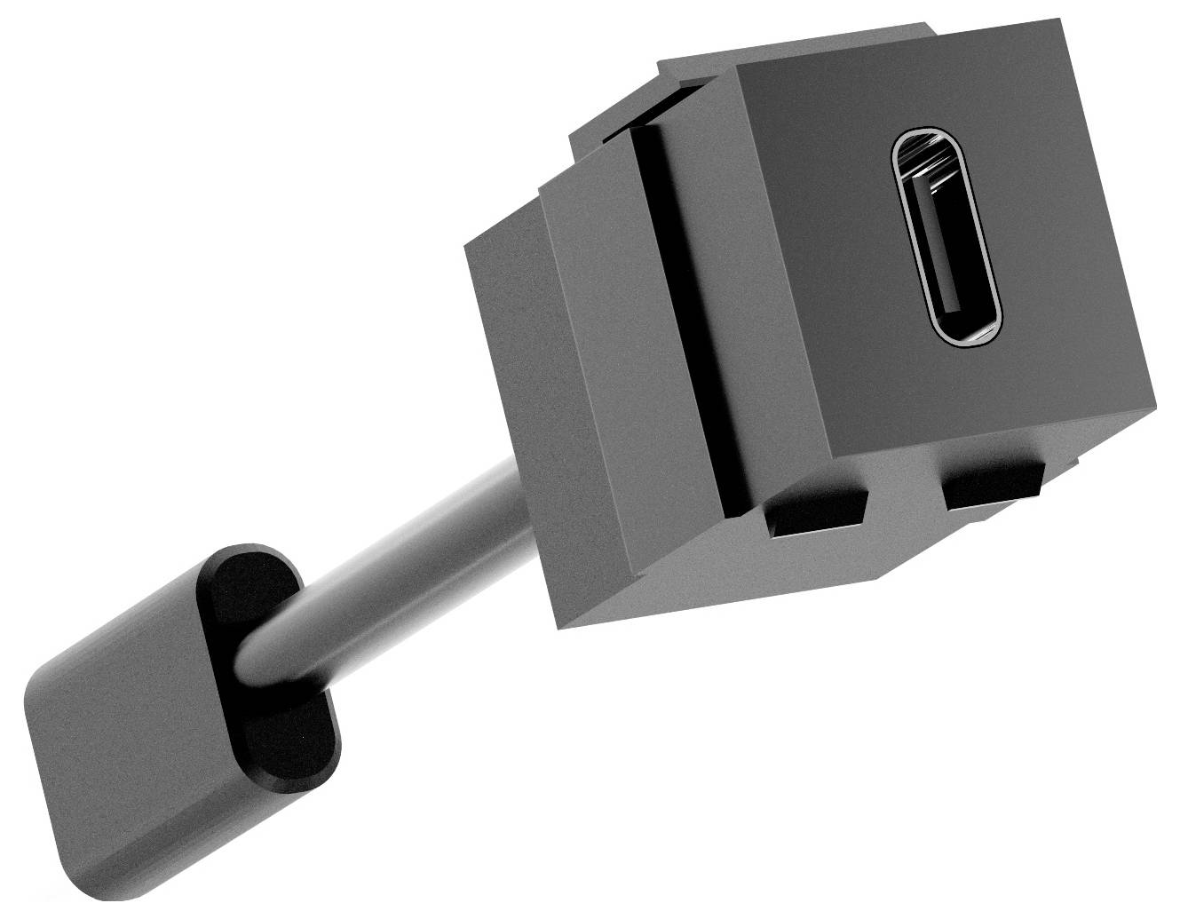 Nahaufnahme eines USB-C-Kabelsteckers mit schwarzem Stecker und grauem Kabel auf weißem Hintergrund.